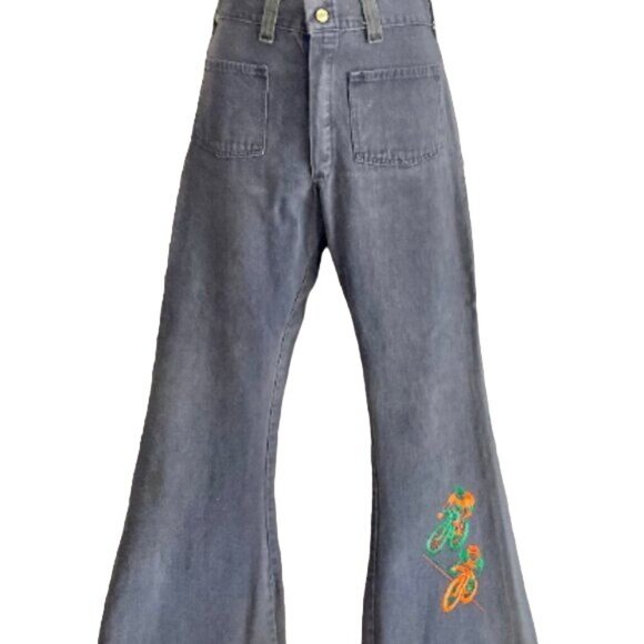 Vintage 1970s Ely Bell Bottoms Jeans with Cyclists High Waist Size 26 Sz S retro - Picture 2 of 10